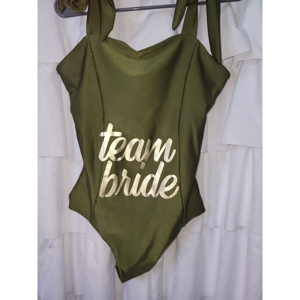 I Do Team Bride One Piece Swimsuit Olive Green Gold Lettering TieShoulder L 2019